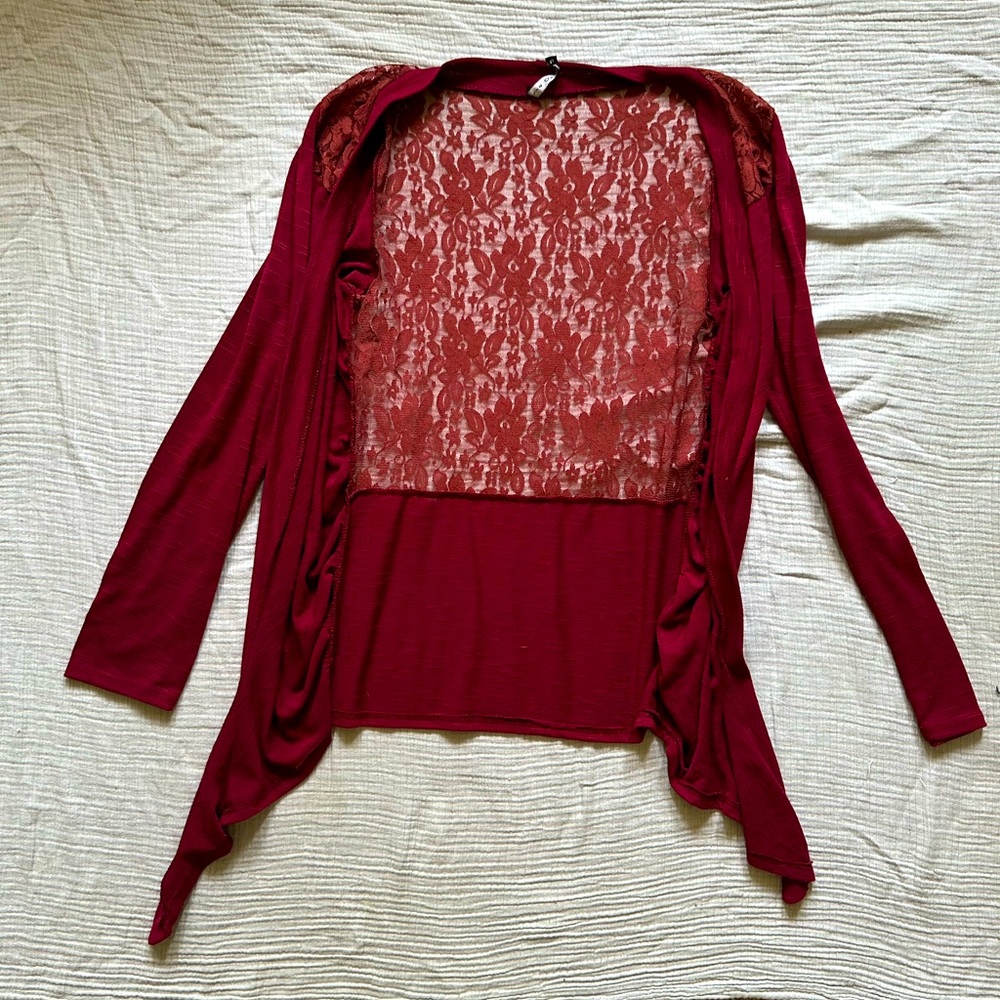 Red lace back drape cardigan